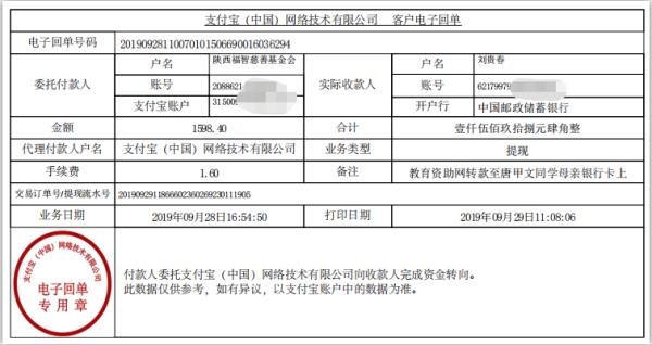 教育资助网转款给唐甲文同学的电子回单