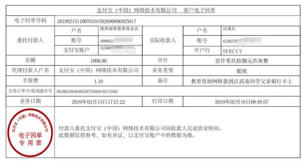 天禾一对一教育资助项目转款给汪武弟同学的电子回单