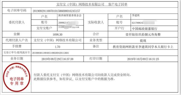 教育资助网转款给李建琪同学的电子回单