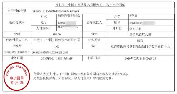 天禾一对一教育资助项目转款给陈姣姣同学的电子回单