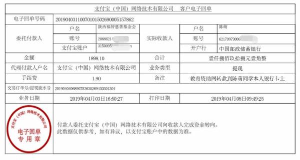 天禾一对一教育资助项目转款给陈萌同学的电子回单