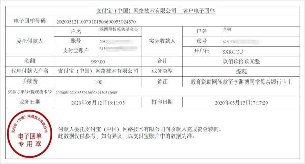 教育资助网给李渊博同学转款的电子回单