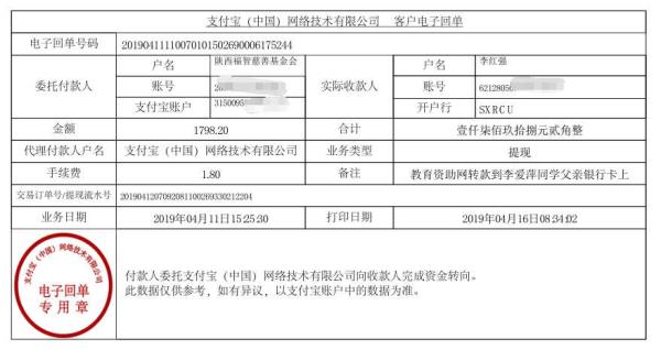 天禾一对一教育资助项目转款给李爱萍同学的电子回单