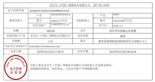 天禾一对一教育资助项目转款给唐瑞同学的电子回单