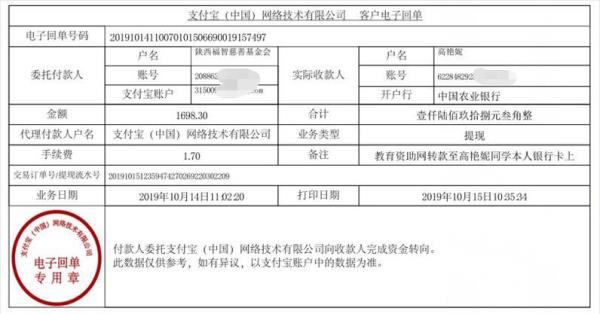 教育资助网转款给高艳妮同学的电子回单
