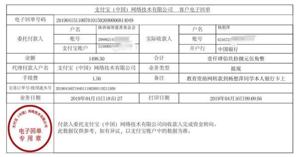 天禾一对一教育资助项目转款给杨想萍同学的电子回单