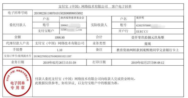 天禾一对一教育资助项目转款给庞熙艳同学的电子回单