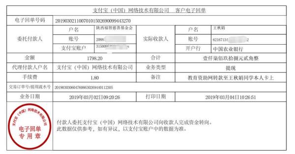 天禾一对一教育资助项目转款给王秋娟同学的电子回单