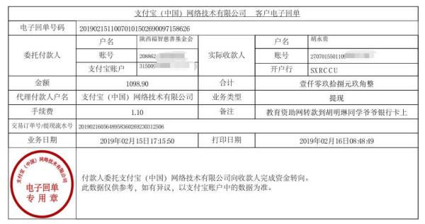 天禾一对一教育资助项目转款给胡明琳同学的电子回单