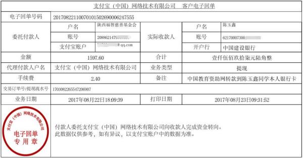 为陈玉鑫同学转款凭证