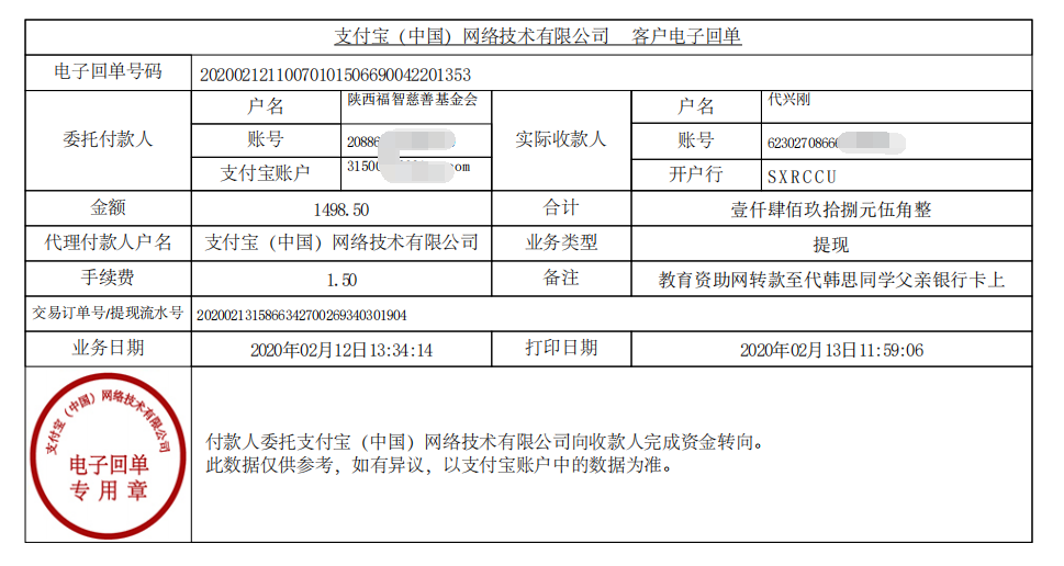教育资助网给代韩思同学转款的电子回单