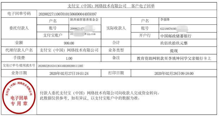教育资助网给李填坤同学转款的电子回单