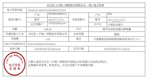 中国教育资助网给郭成同学转款电子回单