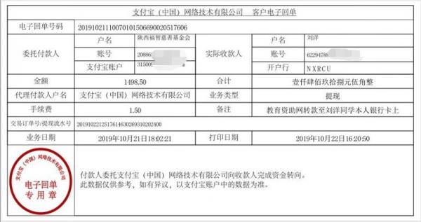 教育资助网转款给刘洋同学的电子回单