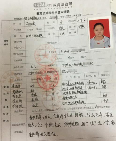 李治蜜同学申请表正、反面