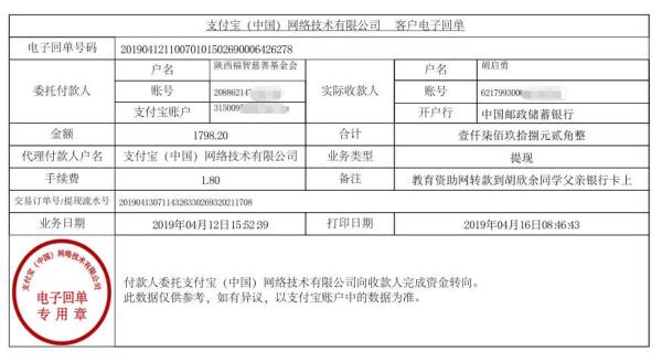 天禾一对一教育资助项目转款给胡欣余同学的电子回单