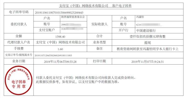 教育资助网转款给冯嘉怡同学的电子回单