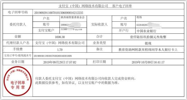 教育资助网转款给程炜同学的电子回单