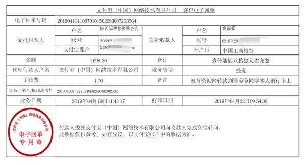 天禾一对一教育资助项目给雒蓉蓉同学转款的电子回单