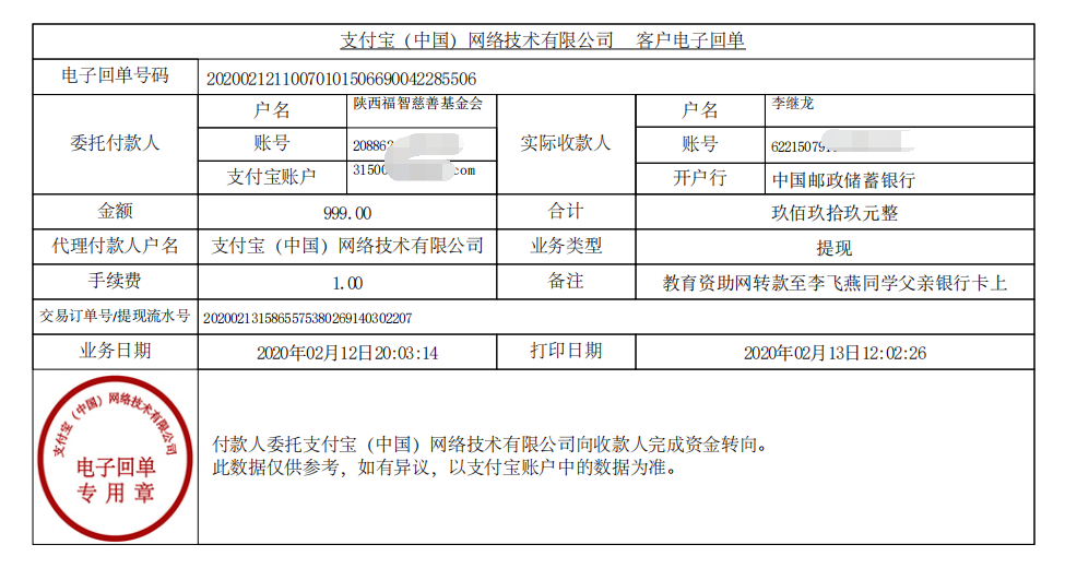 教育资助网给李飞燕同学转款的电子回单