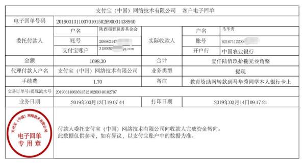 天禾一对一教育资助项目转款给马华秀同学的电子回单