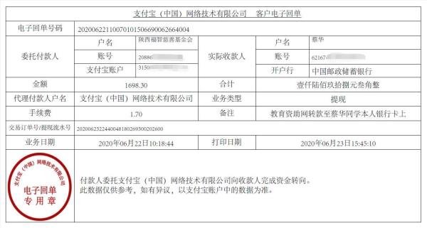 教育资助网给蔡华同学转款的电子回单