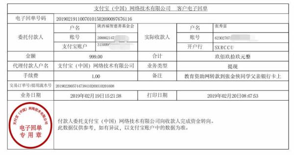 天禾一对一教育资助项目转款给张金侠同学的电子回单	