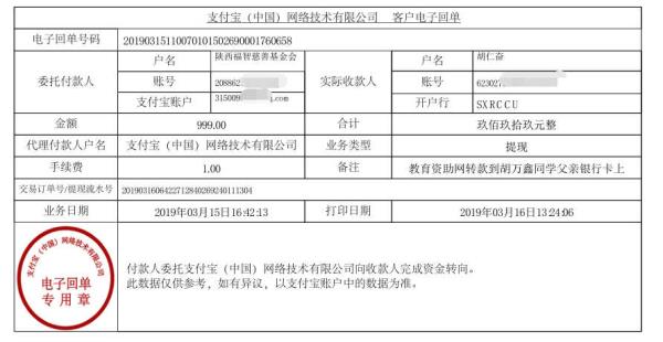 天禾一对一教育资助项目转款给胡万鑫同学的电子回单	