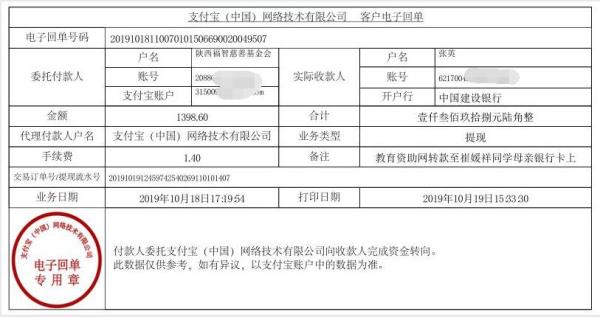 教育资助网转款给崔媛祥同学的电子回单