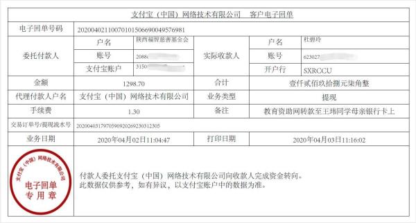 教育资助网给王玮同学转款的电子回单