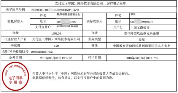 中国教育资助网给田果同学转款的电子回单