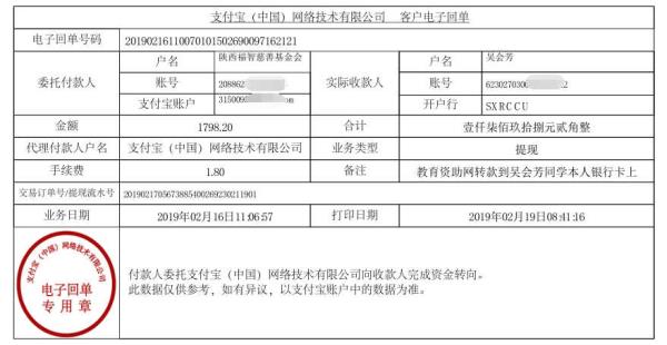 天禾一对一教育资助项目转款给吴会芳同学的电子回单