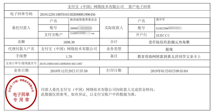 教育资助网给黄太洋同学转款的电子回单