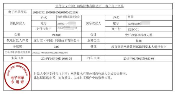 天禾一对一教育资助项目转款给郭聪同学的电子回单