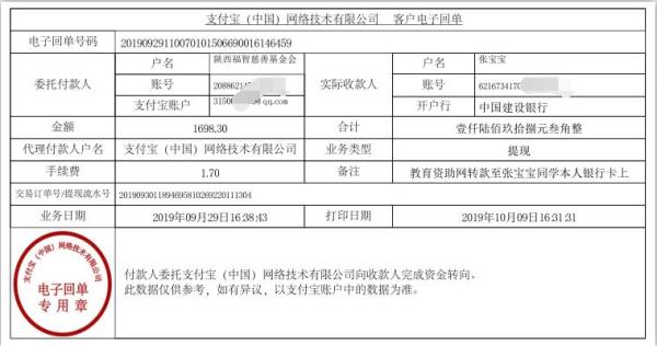教育资助网转款给张宝宝同学的电子回单