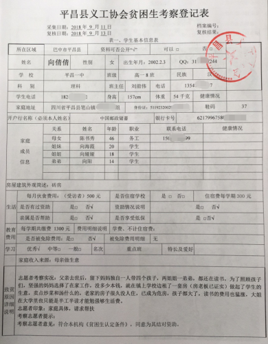 平昌县义工协会登记向倩倩同学家庭情况信息