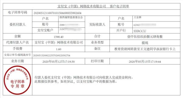 教育资助网给王文迪同学转款的电子回单