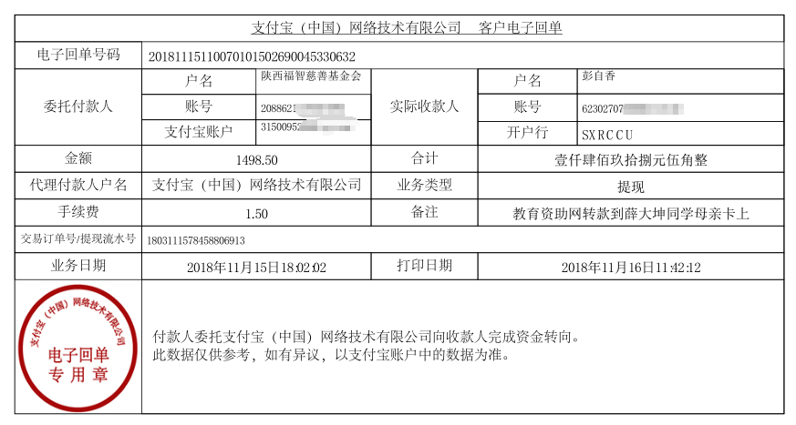 教育资助网给薛大坤同学转款的电子回单