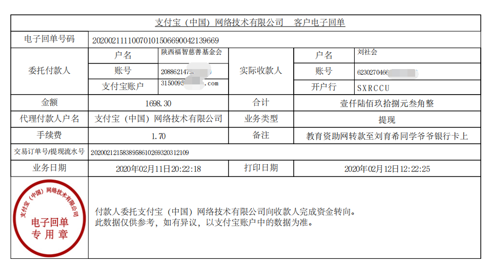教育资助网给刘育希同学转款的电子回单