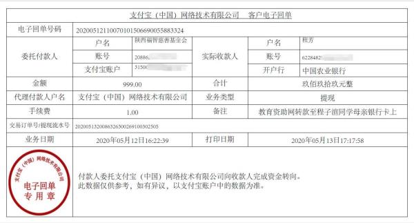 教育资助网给程子渲同学转款的电子回单