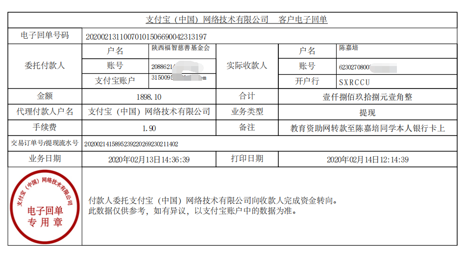 教育资助网给陈嘉培同学转款的电子回单
