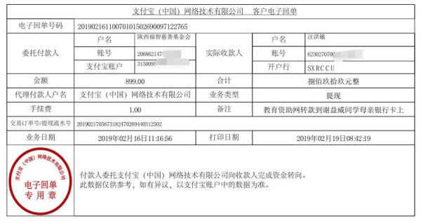 天禾一对一教育资助项目转款给谢益威同学的电子回单