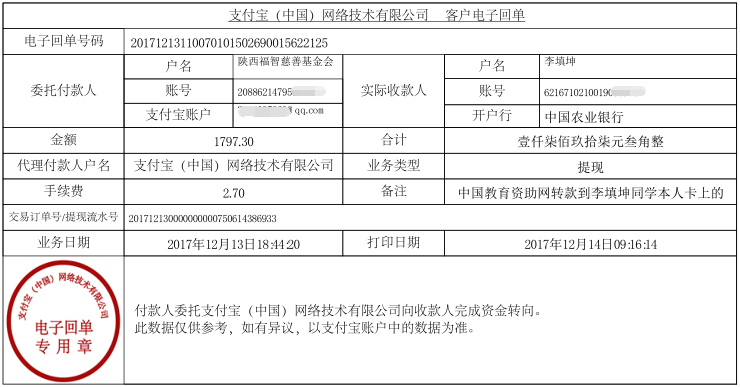中国教育资助网转款给李填坤同学的电子回单