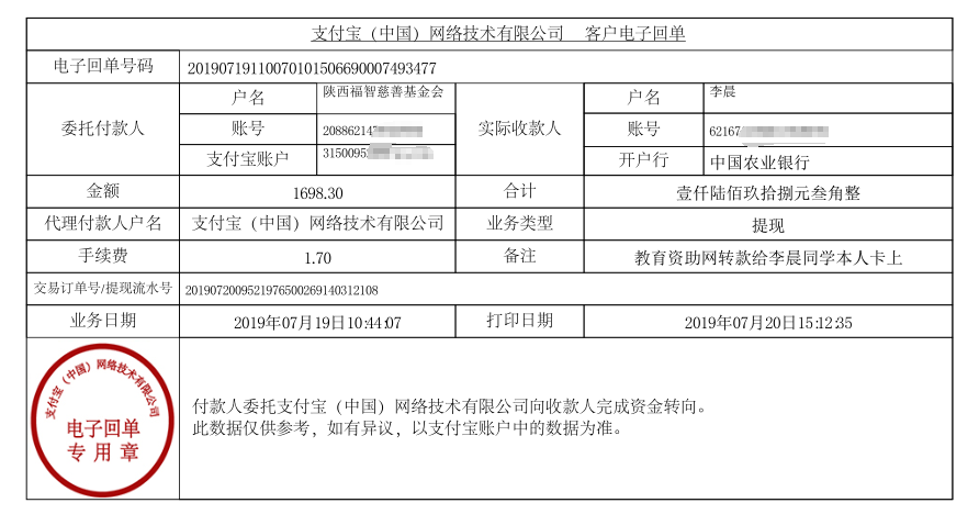 教育资助网给李晨同学转款的电子回单