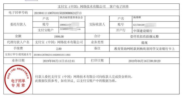 天禾一对一教育资助项目转款给杨欣羽同学的电子回单