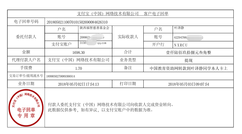 中国教育资助网给叶泽静同学转款的电子回单