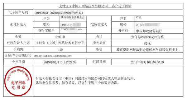 天禾一对一教育资助项目转款给余道峰同学的电子回单