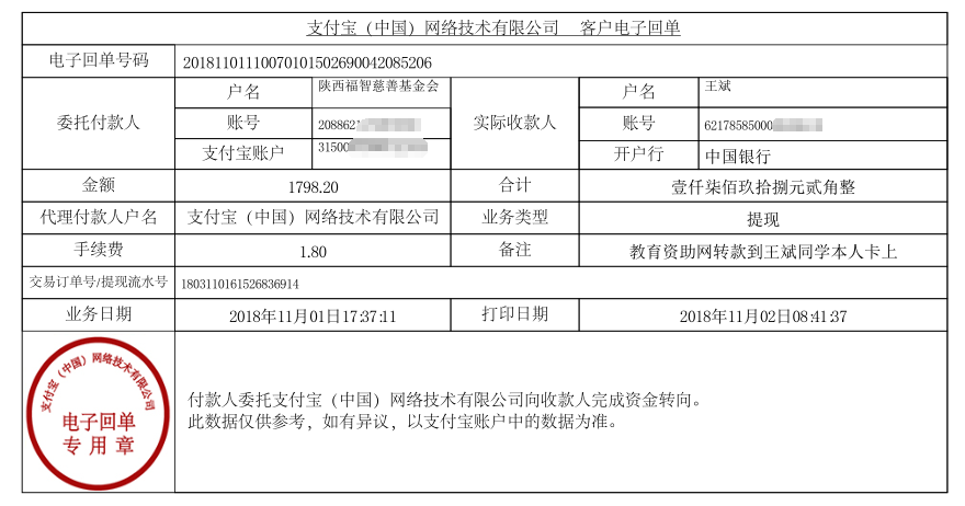 教育资助网给王斌同学转款的电子回单