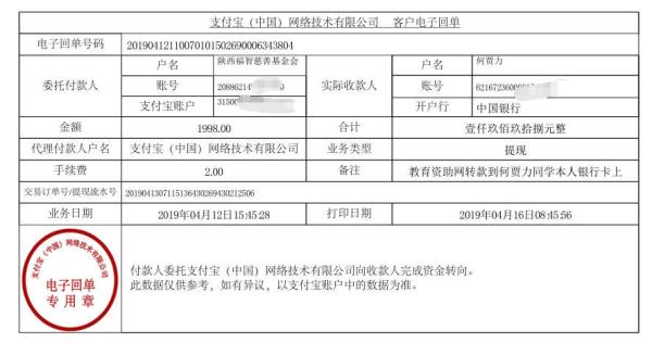 天禾一对一教育资助项目转款给何贾力同学的电子回单	