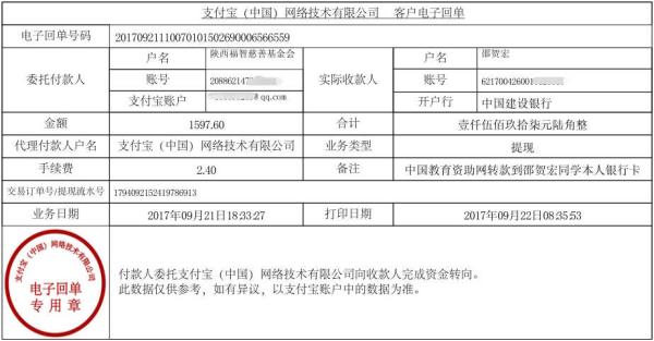 中国教育资助网转给邵贺宏同学的电子回单